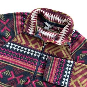 Eddie Bauer Womens XS Maroon Navy Aztec Tribal Patterned Fleece 1/4 Zip Pullover